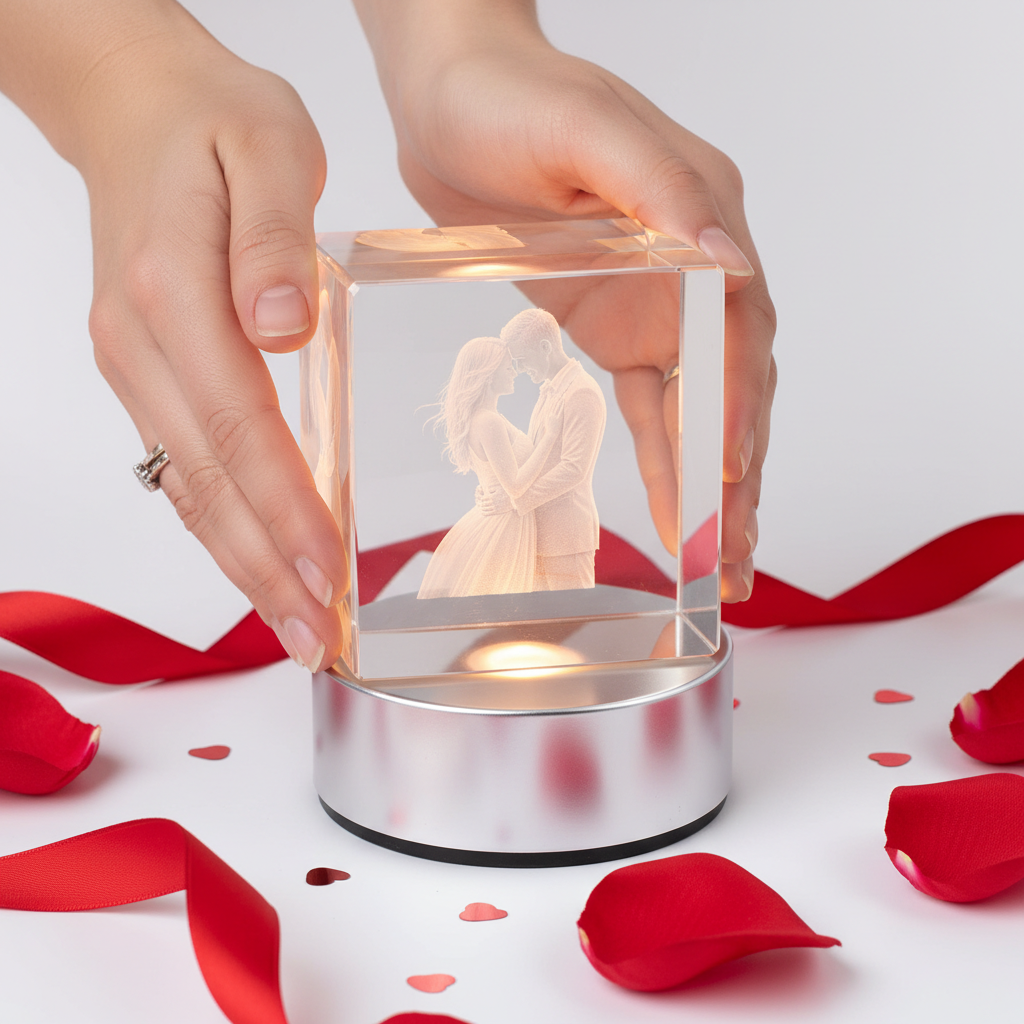 valentines day 3d crystal where you can put a picture of you and your spouse inside with will be meduim size and square where it can be held. led base picture and lifestyle images