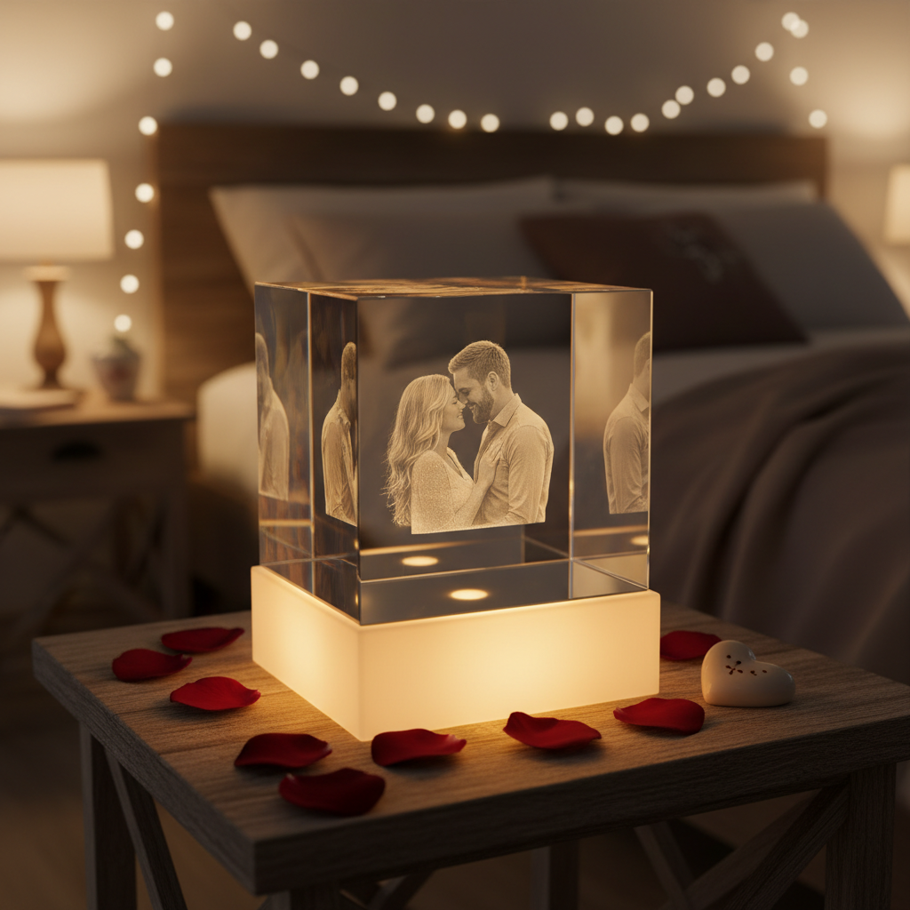 valentines day 3d crystal where you can put a picture of you and your spouse inside with will be large size and square lifestyle image so being used in real life led base