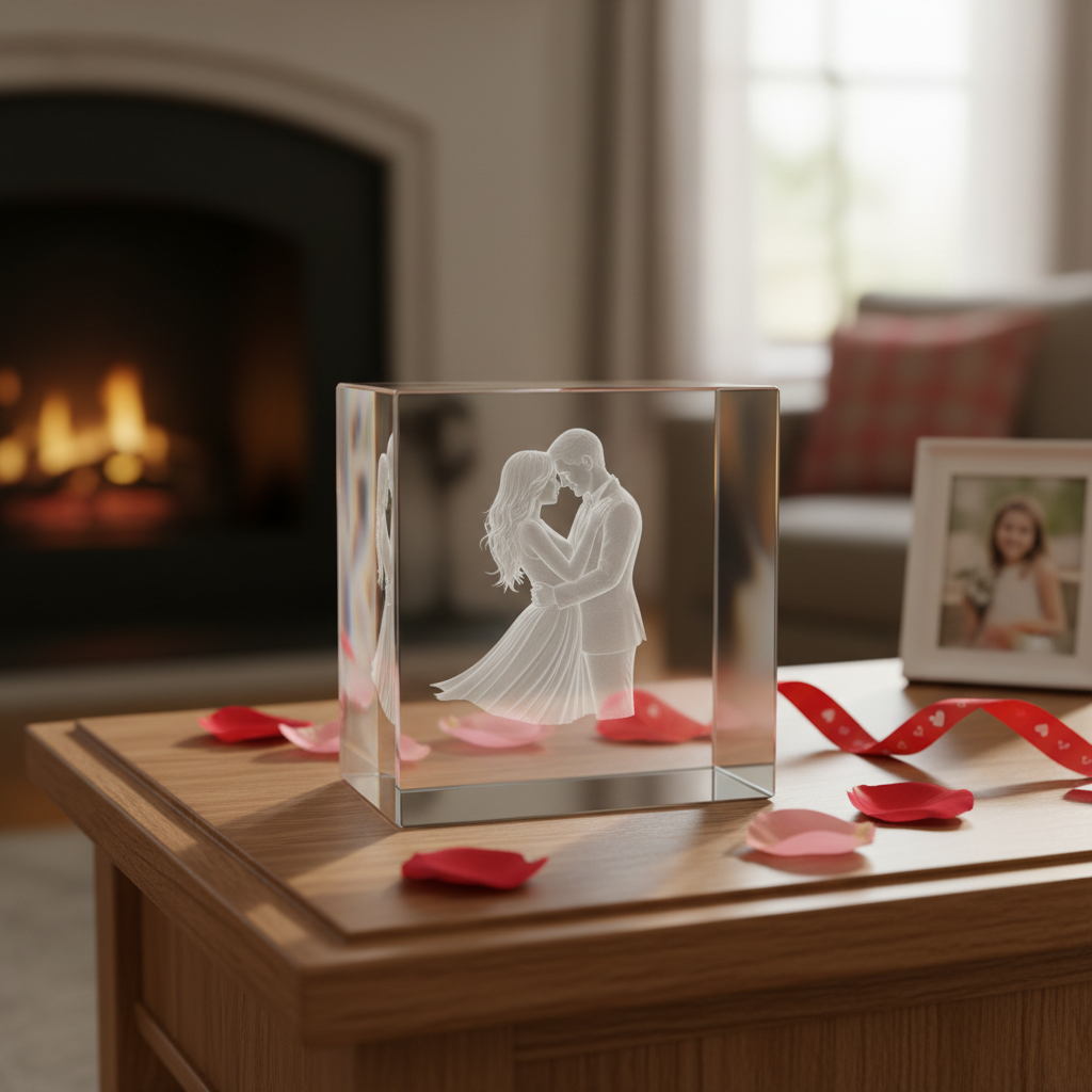 valentines day 3d crystal where you can put a picture of you and your spouse inside with will be meduim size and square being used in real life
