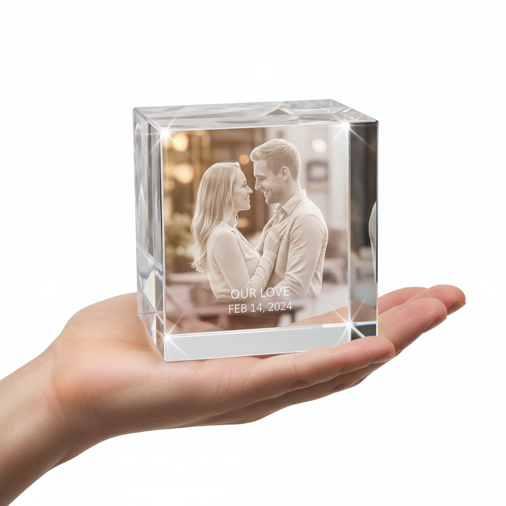 valentines day 3d crystal where you can put a picture of you and your spouse inside with will be meduim size and square where it can be held.